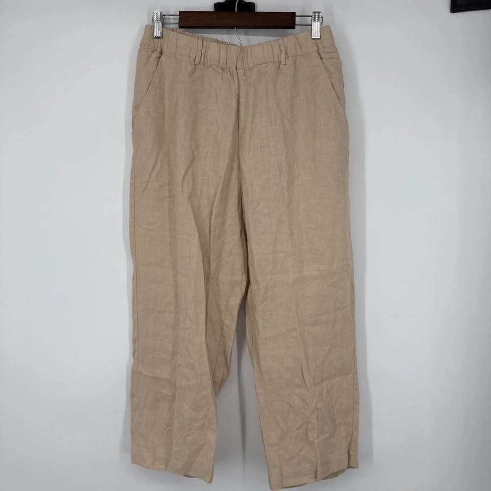 Quince 100% European Linen Pants Driftwood Women Medium Cropped Elastic Waist